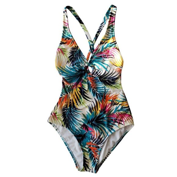 Shade & Shore Plunge Ring Detail One Piece Multi Tropical Print Swimsuit M - Picture 3 of 11